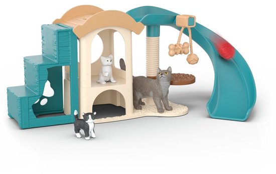 Schleich kattenspeelset met drie katten, trap, huisje, krabpaal en glijbaan.