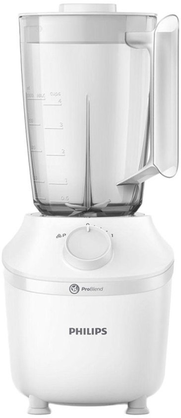 Witte Philips blender met een glazen kan en een draaiknop.