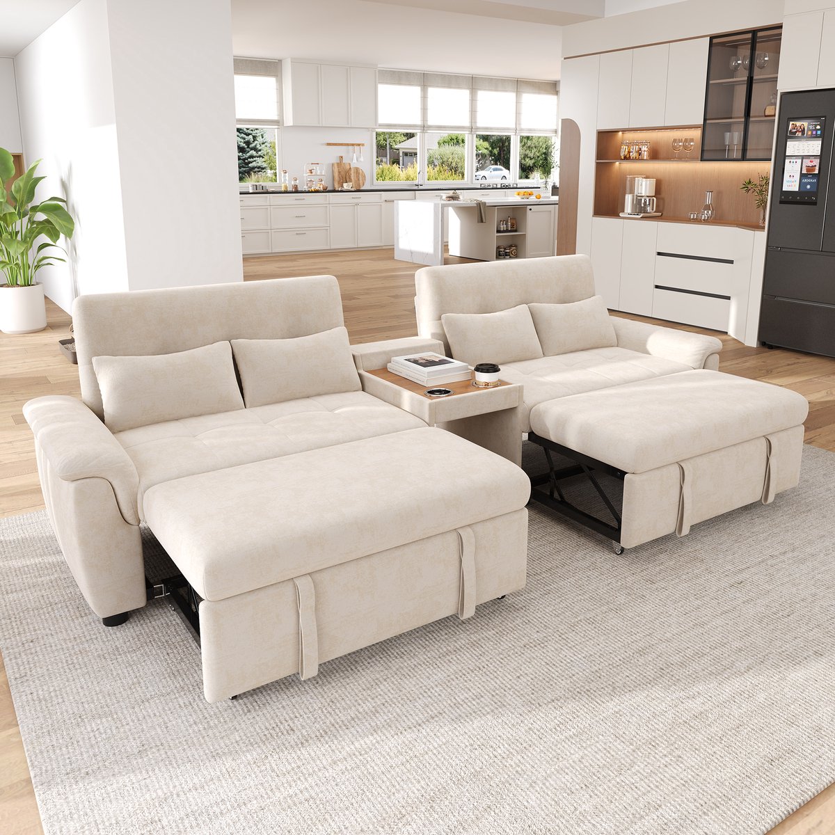 U-Vormige Slaapbank - Luxe Chenille Hoekbank 4 Personen Met 2 Persoons Bedfunctie - Koffietafel Met Bekerhouders En Verstelbare Rugleuning - Beige