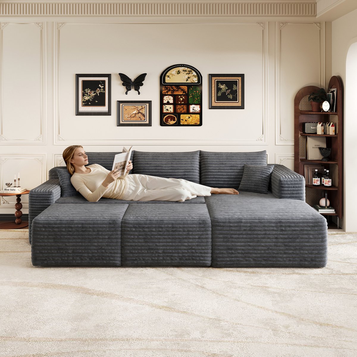 Lounge Bank - Modulaire L-Vorm Hoekbank 5-Zits Met Ribstof Bekleding - Cloud Sofa Met Diepe Zit En Zachte Kussens - Bank Zonder Montage Voor Woonkamer - Donkergrijs