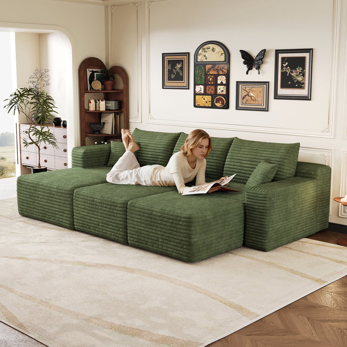 Hoekbank - L-Vormige Modulaire Cloud Sofa Met Diepe Zit, 5-Zits Lounge Bank Met Zachte Ribstof Bekleding - Ruime Comfortabele Bank Zonder Montage Voor Woonkamer, Appartement En Slaapkamer - Groen