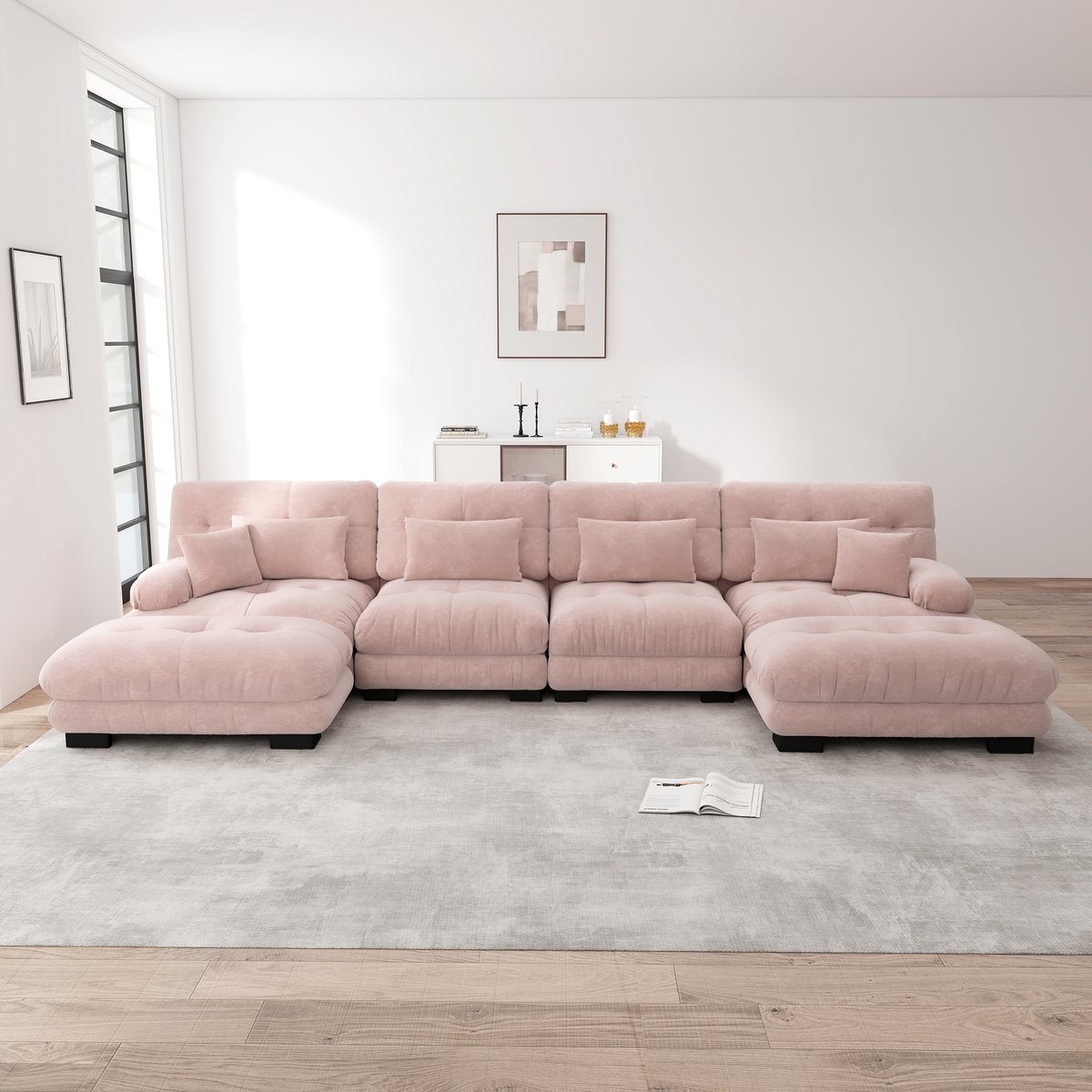 U Bank Hoekbank - 4-Zits Modulaire Chenille Sofa Met Hocker - Grote Cloud Bank Met Flexibele Opstelling, Diepe Zit En Zachte Kussens - Moderne Lounge Bank Voor Woonkamer - Roze