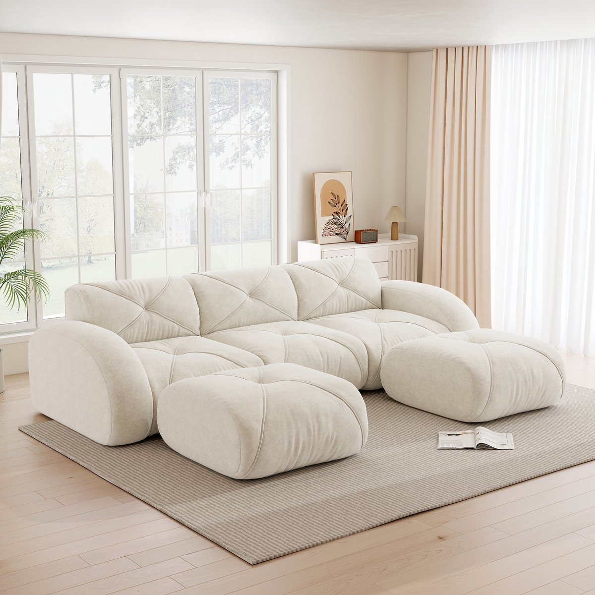 U Bank Hoekbank - Modulaire 3-Zits Sofa Met Voetenbank - Frameloze Cloud Bank Van Chenille Met Zachte Bekleding, Flexibele Opstelling En Antislip Design - Moderne Lounge Bank Woonkamer - Wit