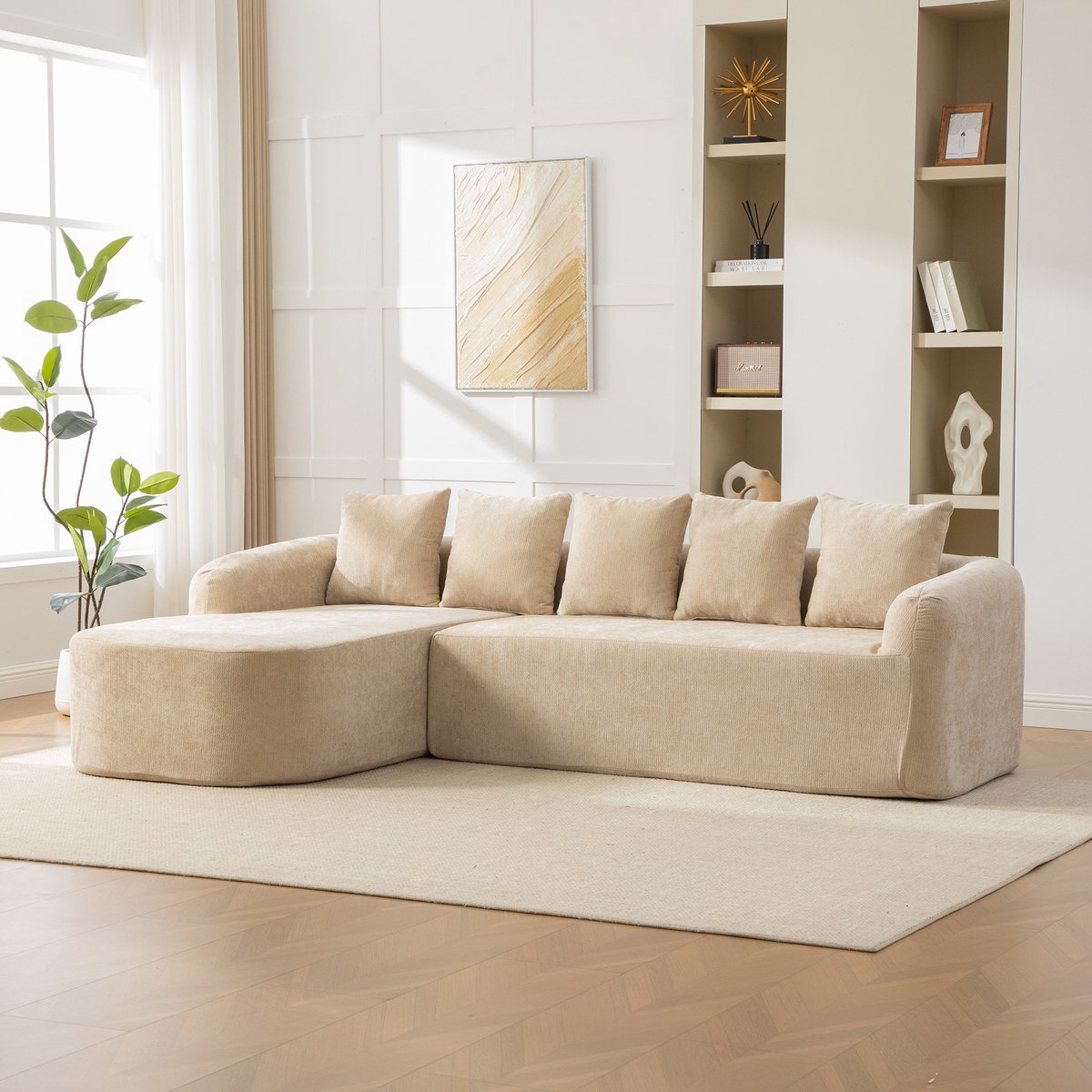 Modulaire 3-Zits Bank - Chenille Cloud Sofa Met 30D Schuim - Zachte Lounge Bank Zonder Montage - Frameloze Compressie Sofa Met Kussens - Comfortabele Woonkamerbank - Licht Beige