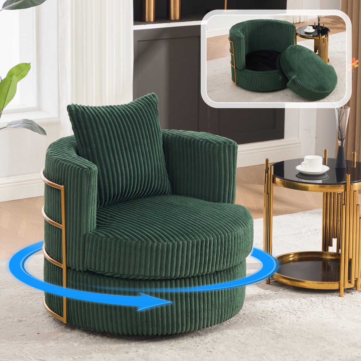 Draaifauteuil - 360° Ribstof Relaxstoel Met Opbergruimte En Zachte Zitting Donkergroen