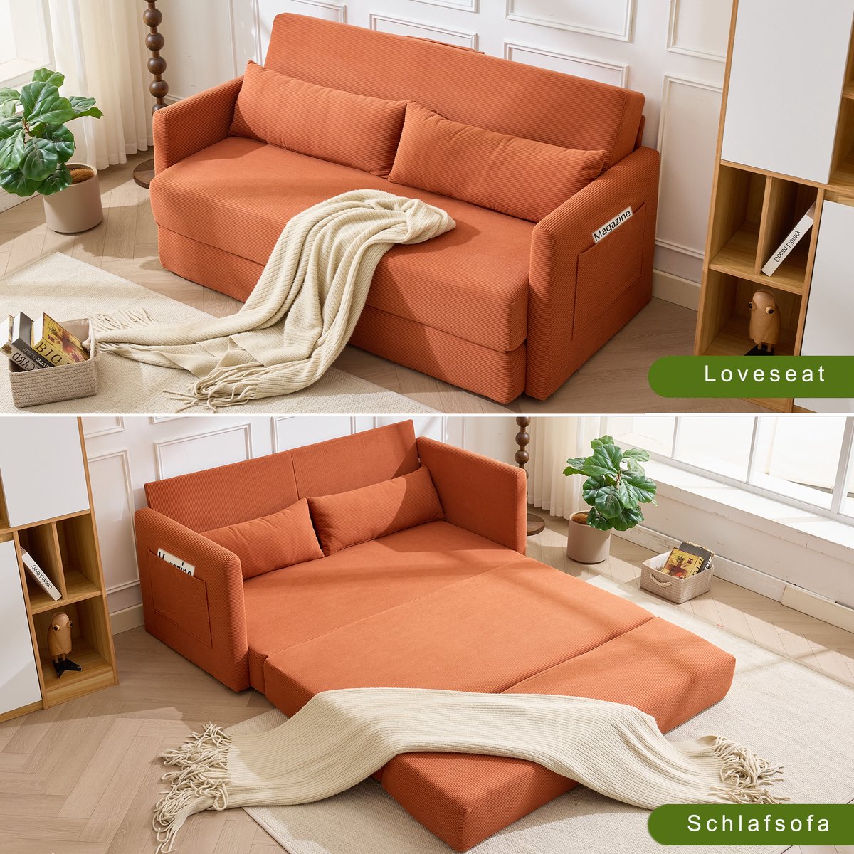 Slaapbank - 2 Zits Chenille Sofa Bed Met Ribstof, Ligfunctie En Kussens Oranje