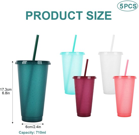 Herbruikbare Plastic Cup 5 Stks Drinkware Tumblers Gekleurde Acryl Cups Tumblers met Deksels en Rietjes Plastic Bulk Iced Plastic Koud Water Tumblers Iced Koffiekoppen Reizen Mok Party Tumbler 710ML van Gobeile — afbeelding 5