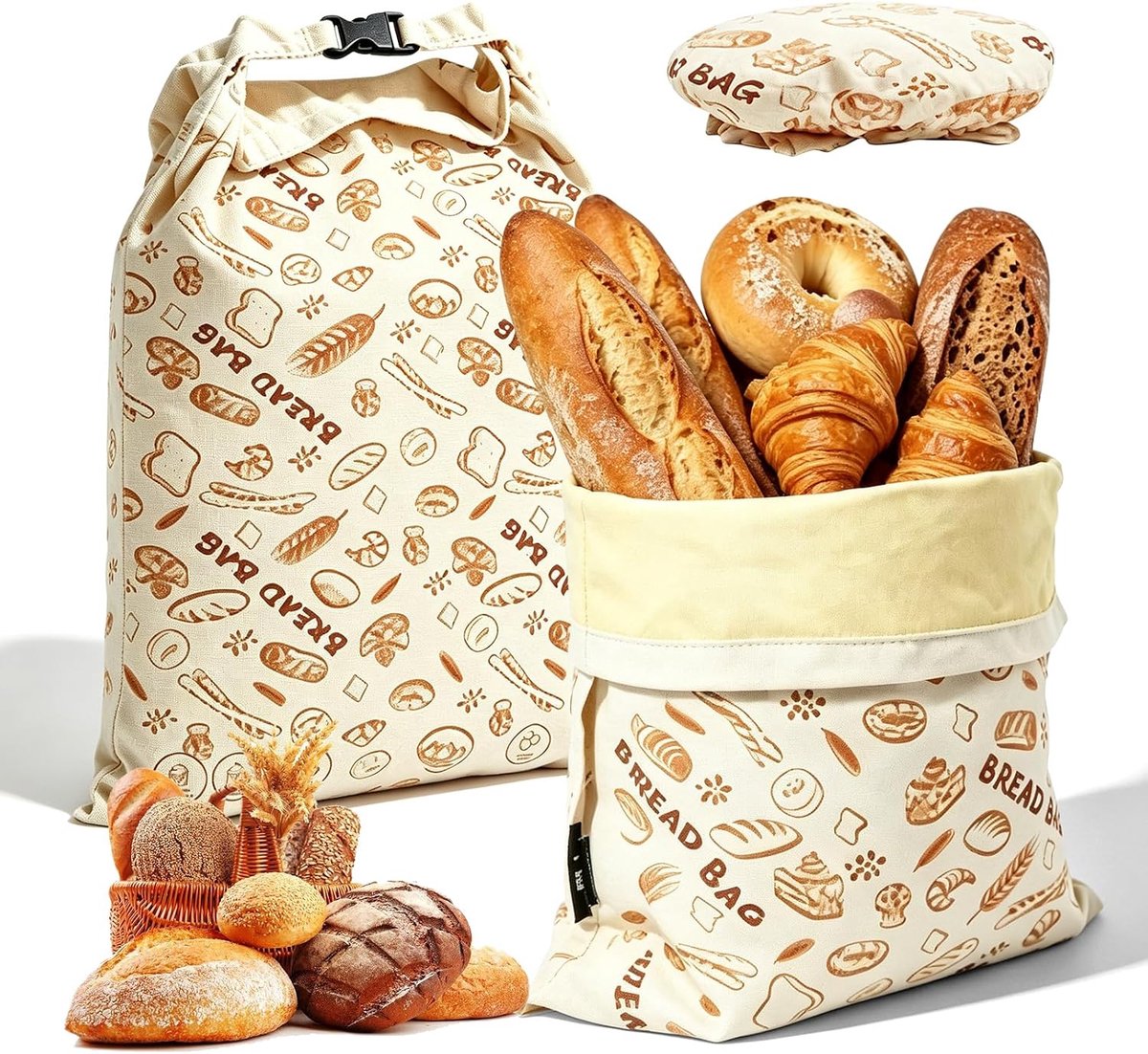2 stuks bijenwas broodzakken, 32 x 42 cm, herbruikbare katoenen bijenwas broodzakken met 18 cm deksels, elastiek en - ShopVlot