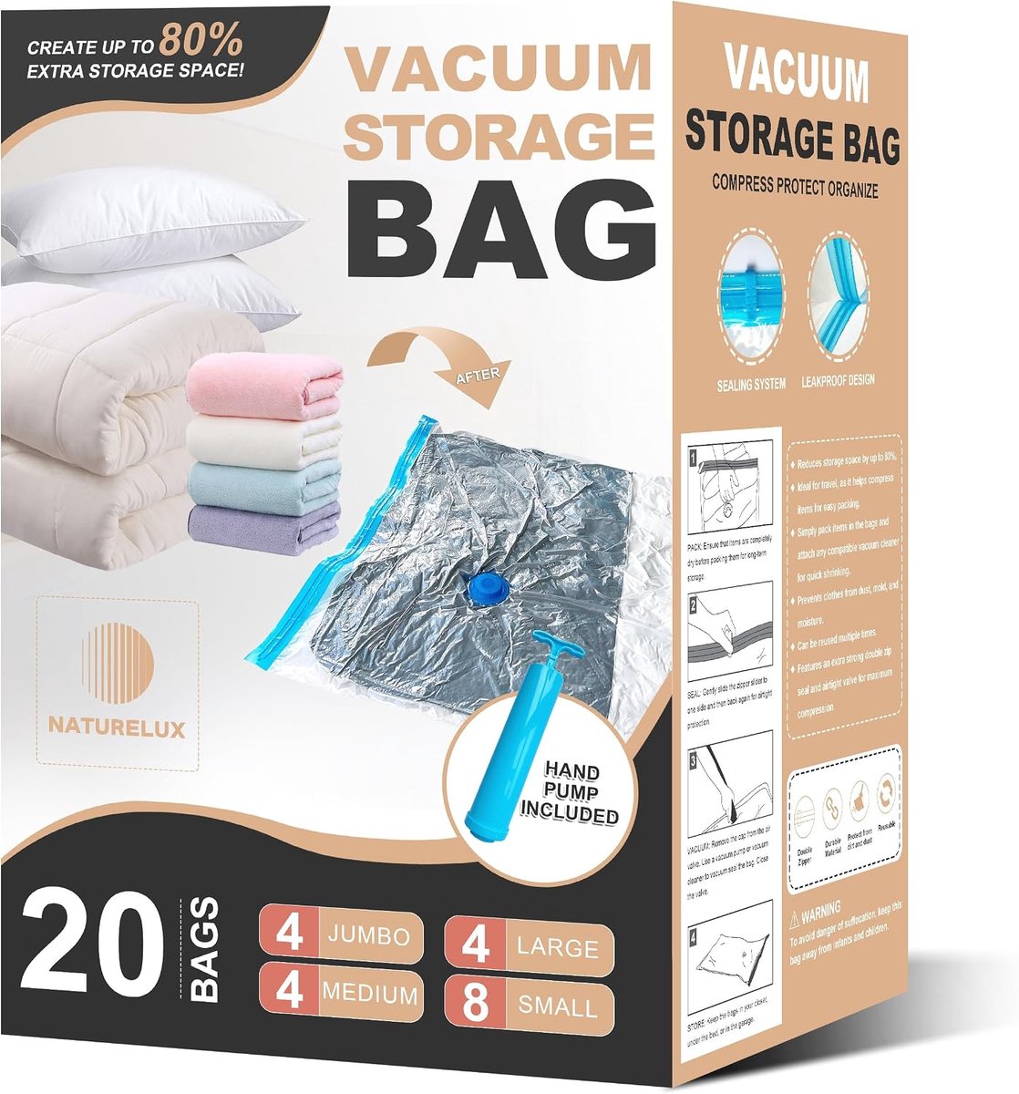 NATURELUX Vacuum Storage Bags, 20 Pack Space Saving Vacuum Sealed Zippered Bags for Clothes, Clothes, Duvets and - ShopVlot
