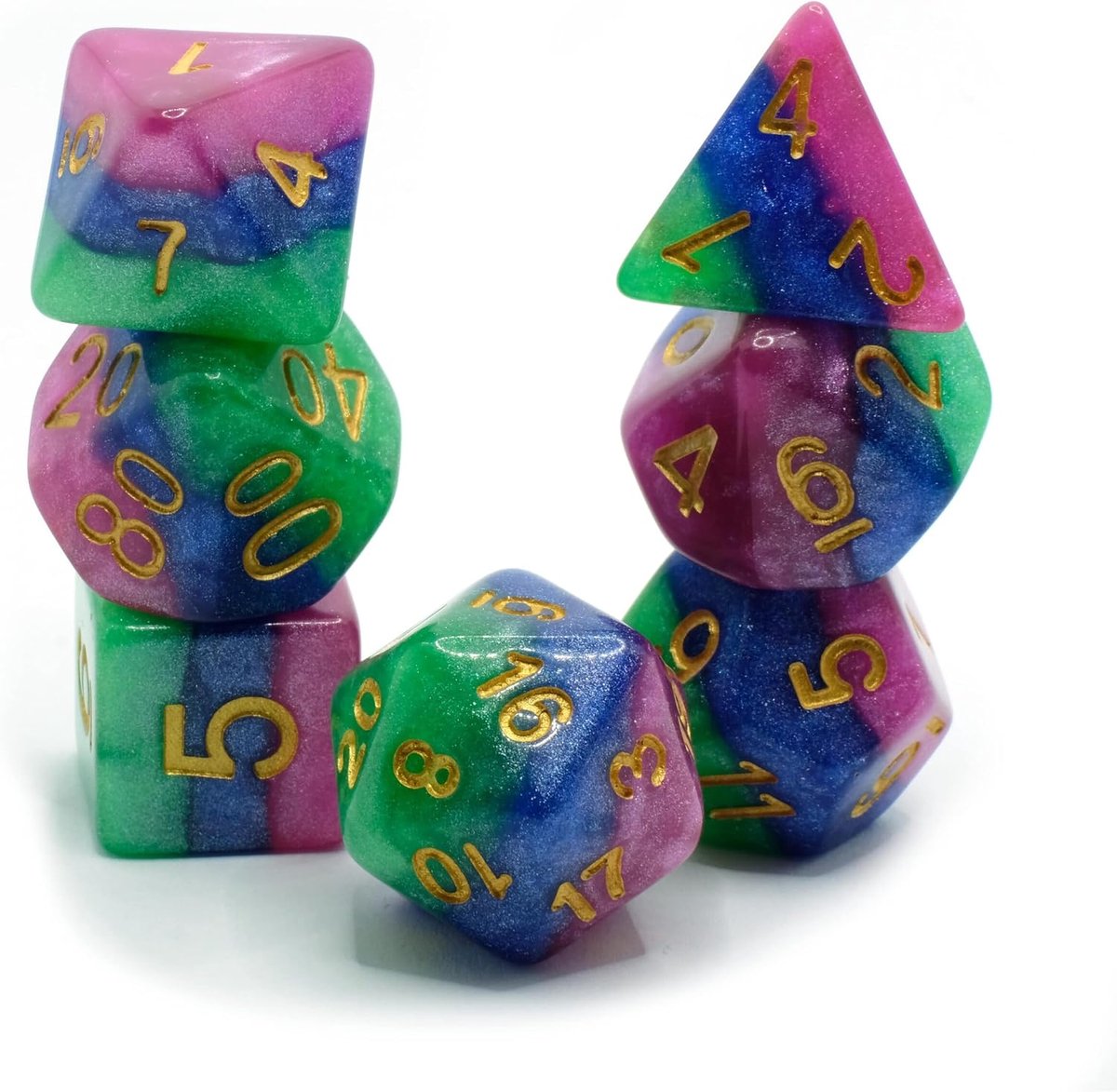 Clown Circus - Polyset Dice - Polydice - Pink Blue Green Glitters and Gold - Dice Set Of 7 Pieces - ShopVlot