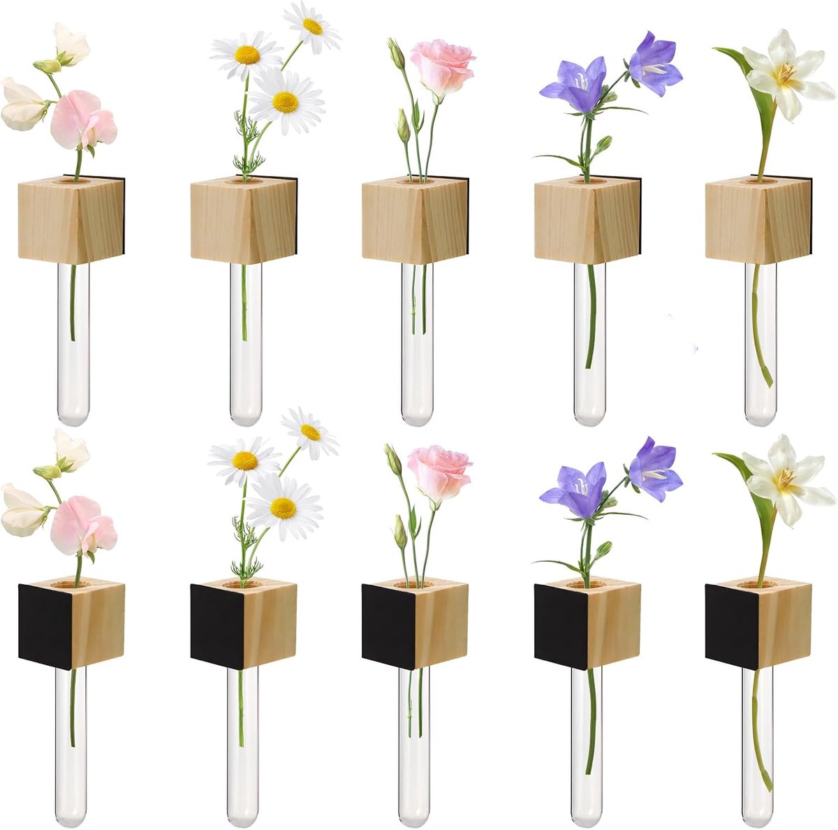 10 mini-vaas-koelkastmagneten, magneetstickers voor bloem- en plantenarrangementen in reageerbuisvorm van hout voor de - ShopVlot
