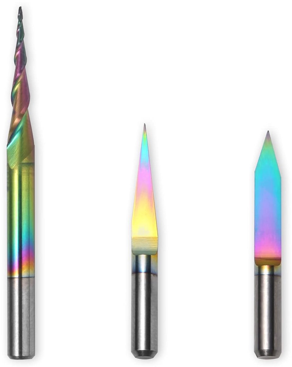 Genmitsu 3pcs V-shaped tapered shaft mill, chromatic coating, 1/8 inch (3.175mm) shaft, 2 flutes, tungsten carbide - ShopVlot