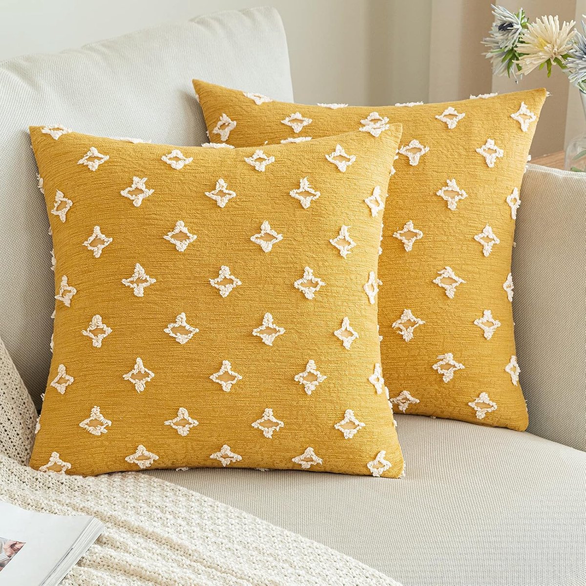 ANRODUO Pack of 2 Throw Pillow Covers, Decorative Tufted Diamond Jacquard Cushion Cover, Soft Solid Decorative Cushion - ShopVlot