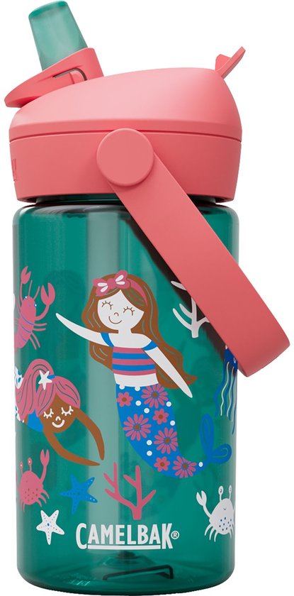 Groene drinkfles met een opdruk van zeemeerminnen, krabben, zeepaardjes en koraal. De fles heeft een roze deksel met een rietje en een handvat.