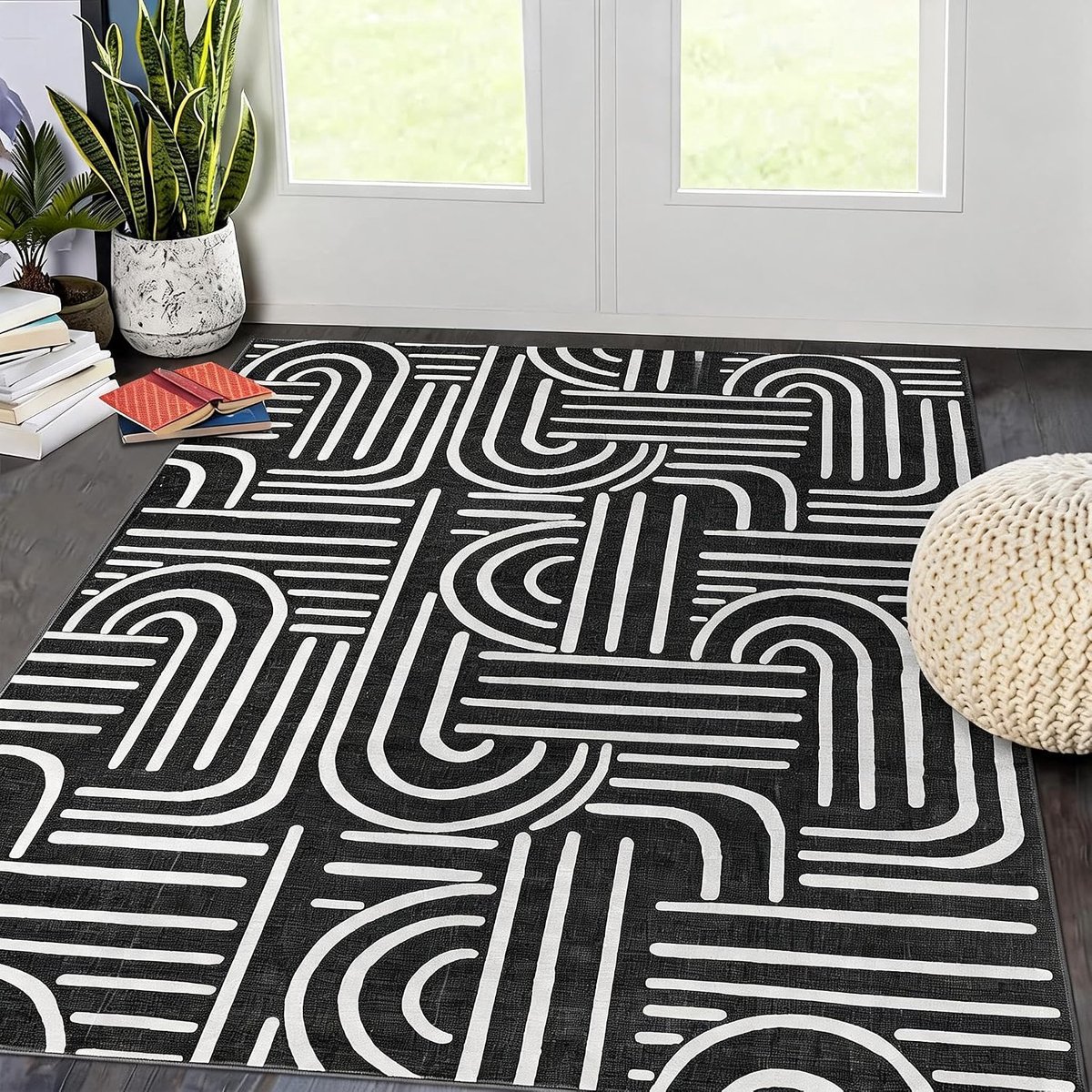 Modern Wasbaar Vloerkleed - Antislip Kortpolig - Woonkamer Slaapkamer - Zwart - 200x290 cm
