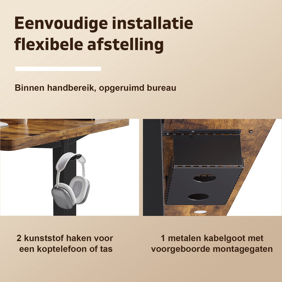 Devoko Elektrisch Zit-Sta Bureau 160x80 cm – 18 mm Dik Tafelblad – 3 Geheugenstanden – USB en Zit-alarm – Kabelmanagement – Zwart frame met donker houtlook blad thumbnail 5