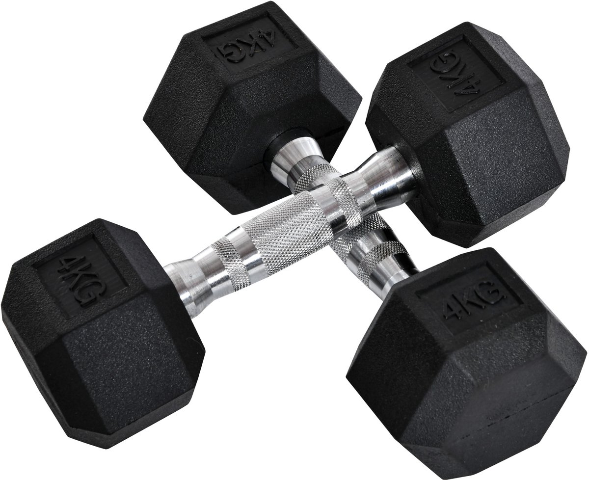 Zeshoekige dumbbells - set van 2 dumbbells met geribbelde handgrepen - gietijzeren dumbbellset - 2 x 4 kg - dumbbells voor mannen en vrouwen - voor thuis - in de sportschool - voor krachttraining