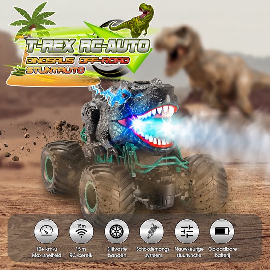 T-Rex RC auto monster truck, 10+ km/u max snelheid, 15m bereik, slijtvaste banden, schokdempers, stuurbekrachtiging en oplaadbare batterij.