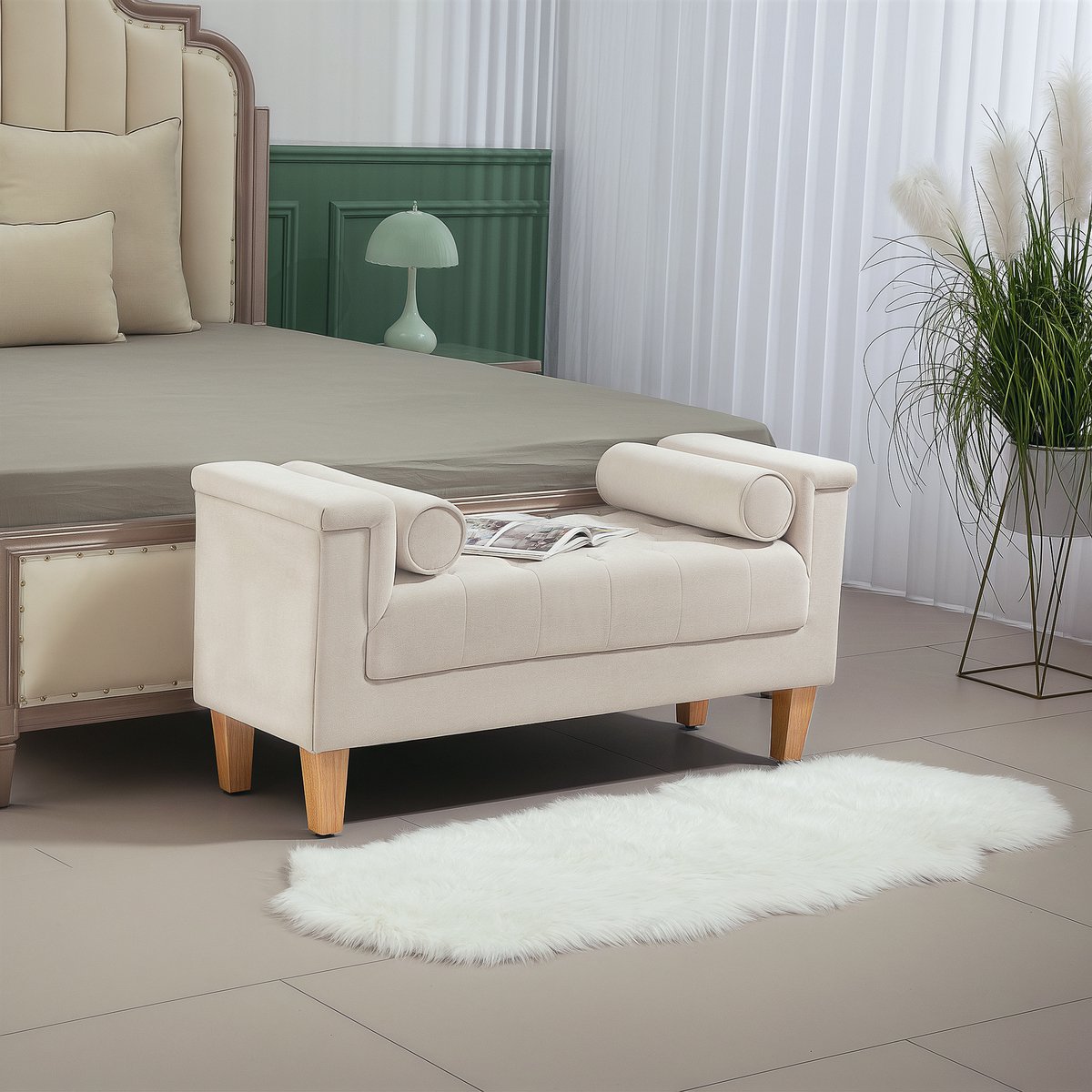 OKWISH Bank – Retro En Vintage – 115 X 44 X 58 Cm – Polyester – Beige – Bedbank Voor Slaapkamer, Woonkamer En Hal – Met Geknoopte Bekleding