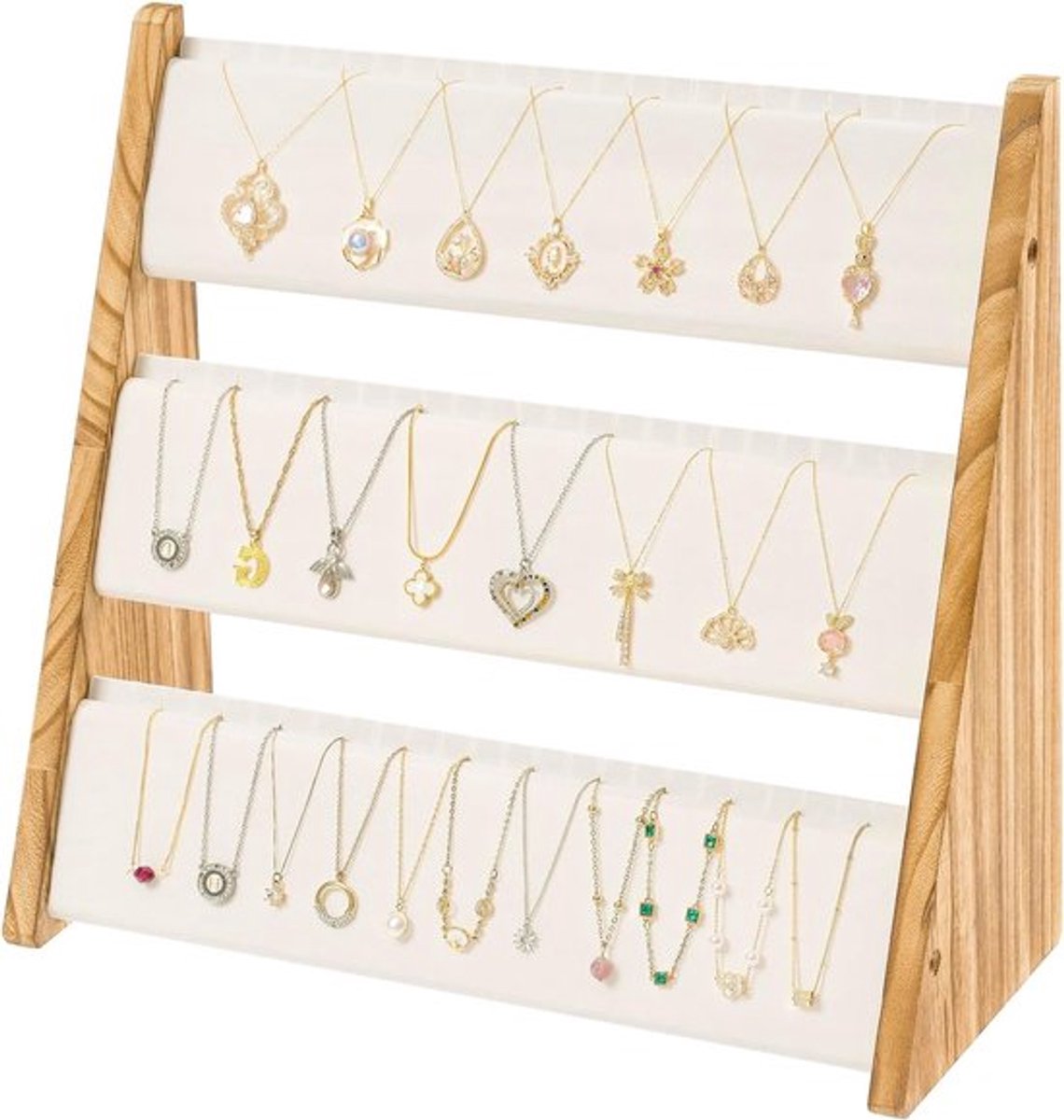 3-laags kettinghouder met fluwelen afwerking, houten standaard voor het opbergen van kettingen, sieradenhouder voor 72 kettingen en armbanden, perfect voor een stijlvolle presentatie