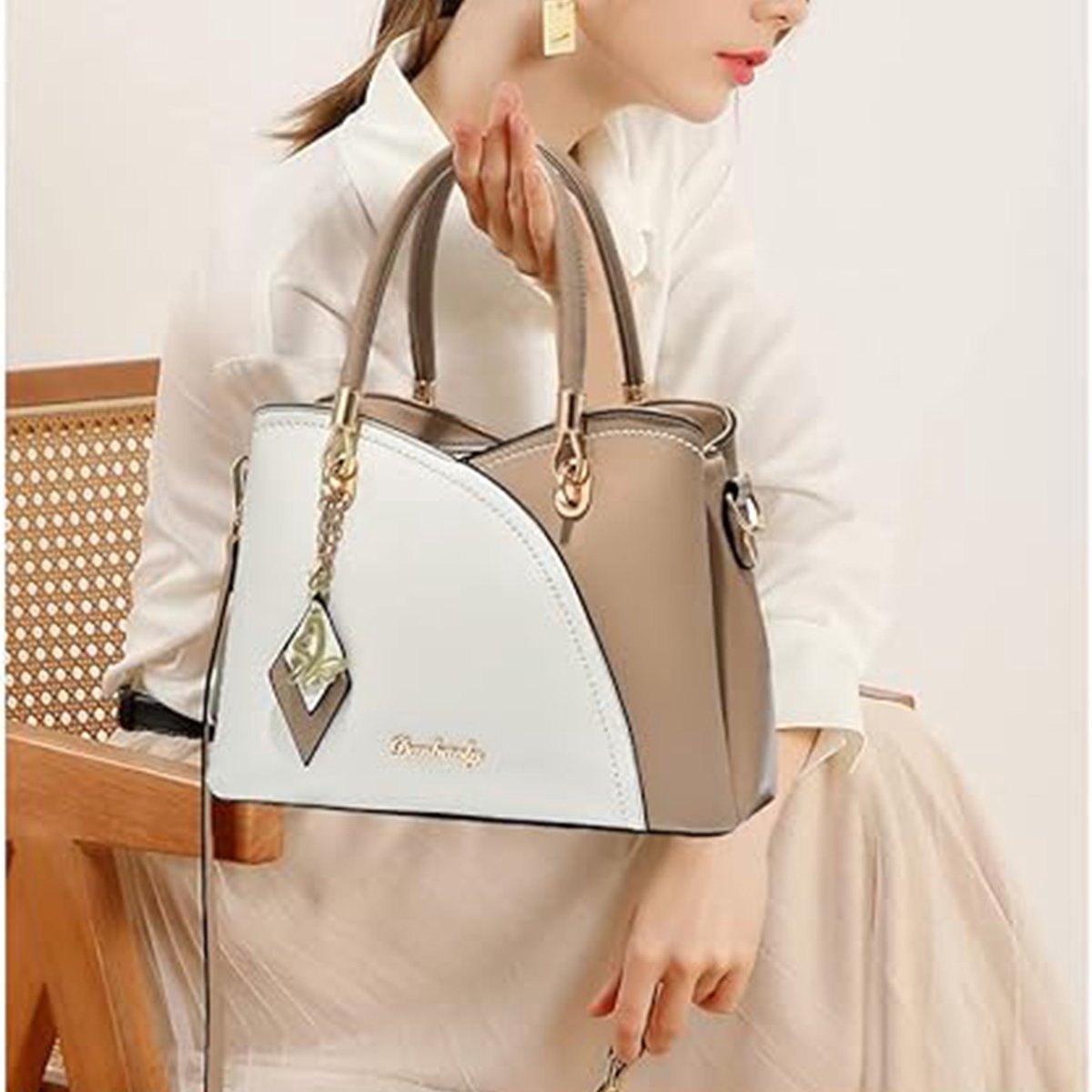 COVREO Handtas 37 x 28 x 12 cm wit beige PU, met 7 vakken en schouderband