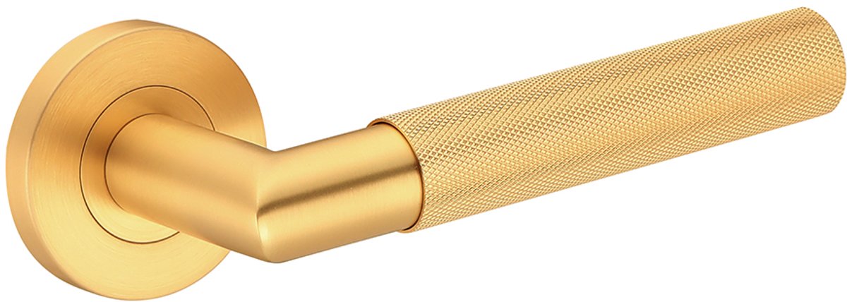 Deurkruk (2x) Pia rond massief geribbelde diamant greep 22mm haaks met een schroefrozet mat goud PVD gecoat | Ronde deurklinken