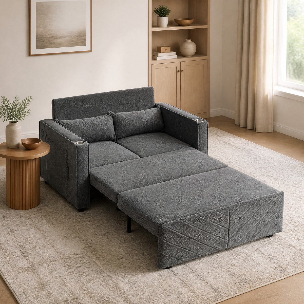 COVREO Slaapbank 195x134x73 cm donkergrijs, van hout en stof met USB poort