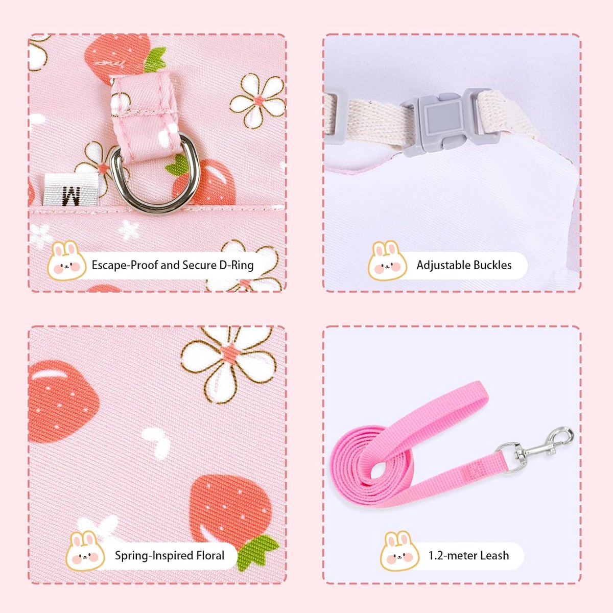 Konijnenharnas en riem set L - Roze aardbei - Verstelbaar en ontsnappingsbestendig - Perfect voor wandelen - ShopVlot