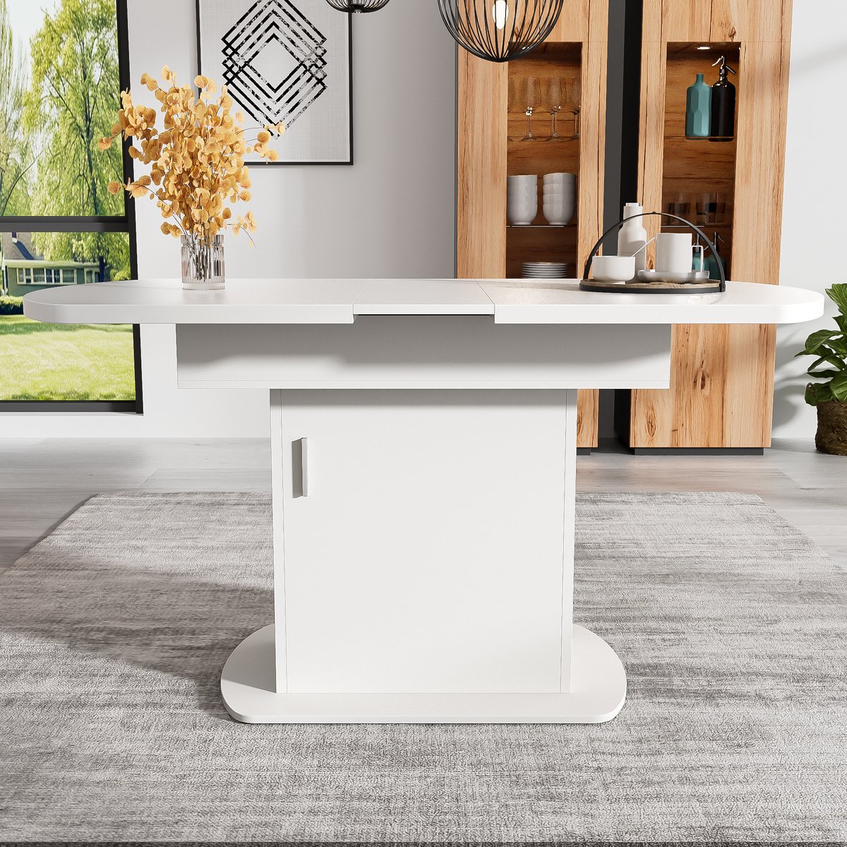 Moderne Witte Eettafel 110-130 cm - Ovale Uitschuiftafel Met Kastje En Opbergruimte - Multifunctionele Tafel