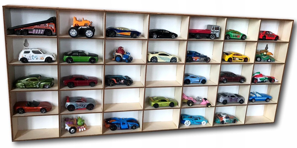Houten Hot Wheels displayrek met 35 vakken, 5 cm diep