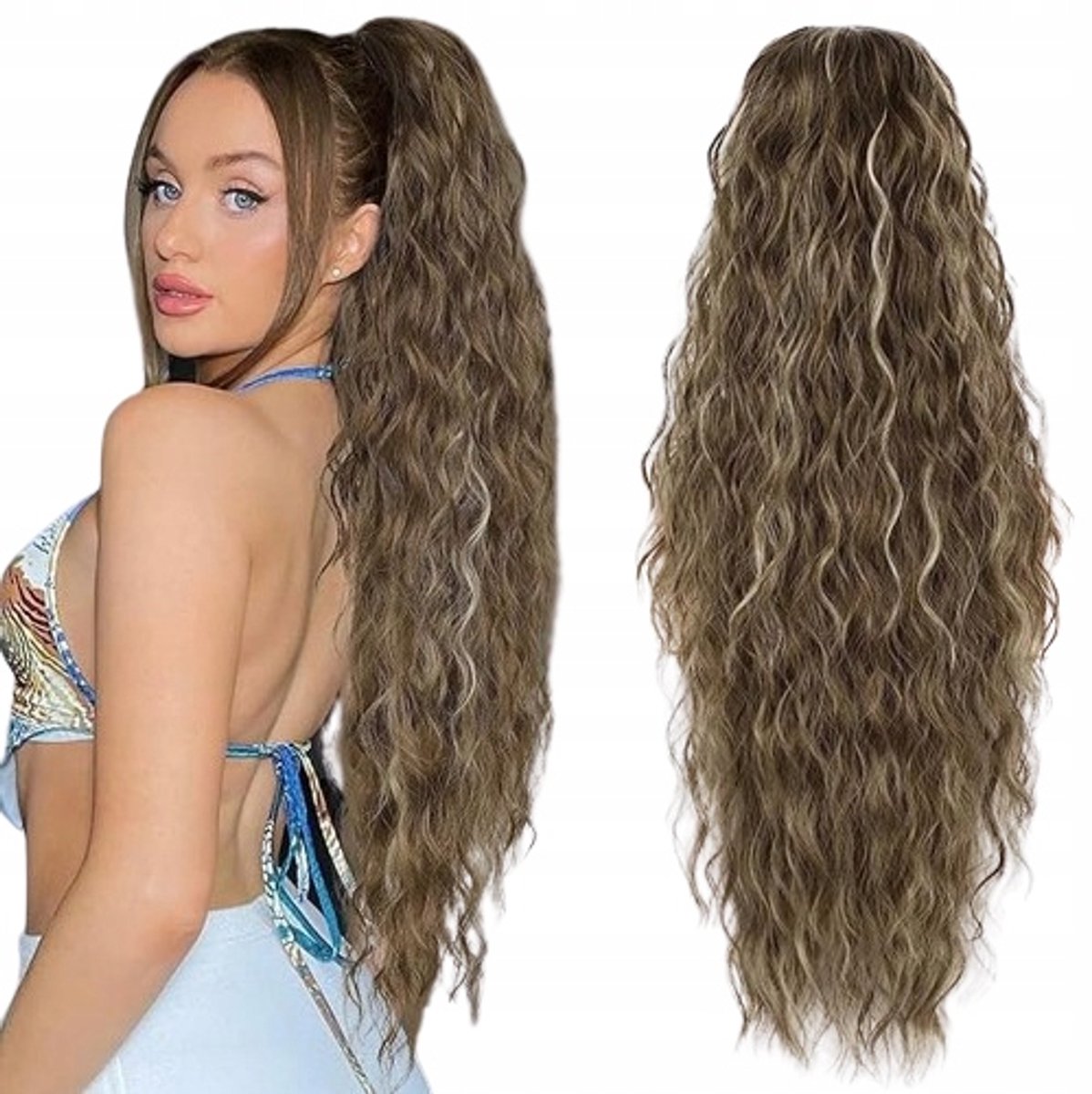 Dames paardenstaart pruik synthetisch bruin met highlights lang krullend