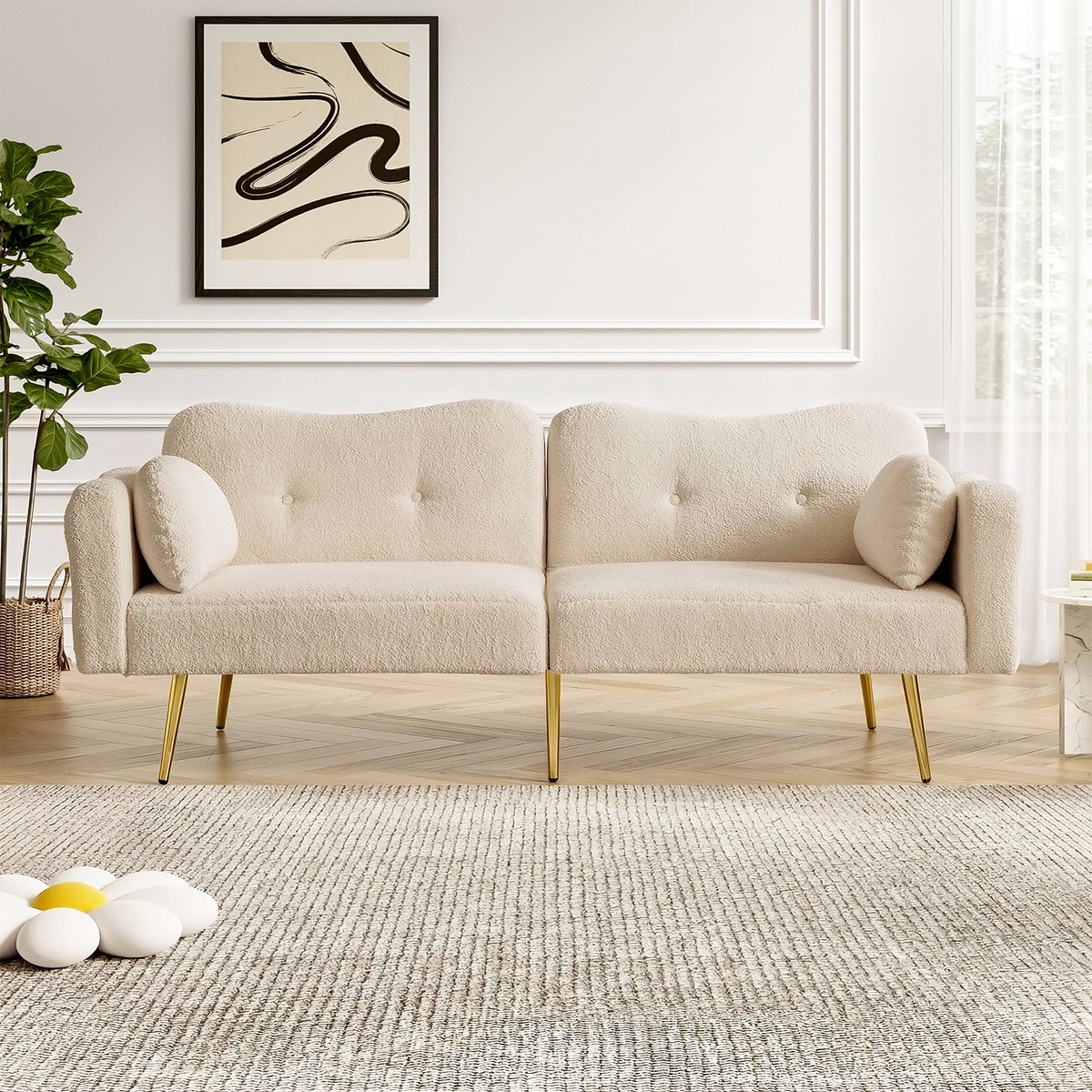 MEUNIQ slaapbank 2-zits 175 x 79 x 82 cm met verstelbare rugleuning, 180° slaapstand, gouden metalen poten en 2 kussens voor woonkamer Beige