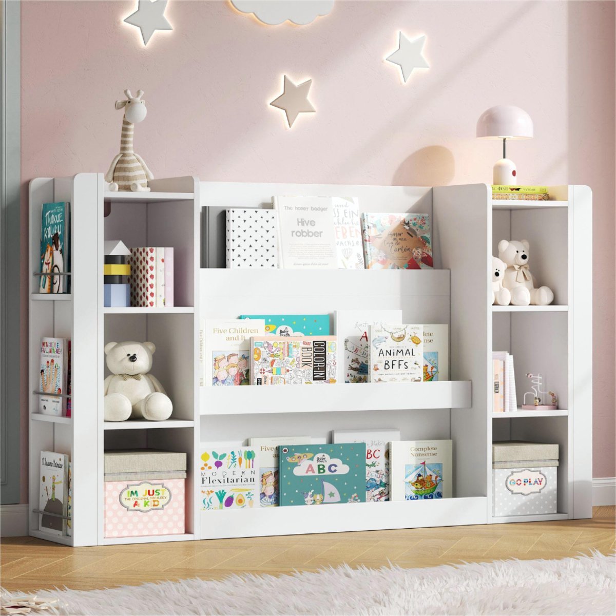REDOM - Kinderboekenkast - Open vakken - Boeken- en speelgoedopbergruimte - Meerdere opbergvakken - Afgeronde hoeken - MDF - Wit - 140 x 30 x 95 cm