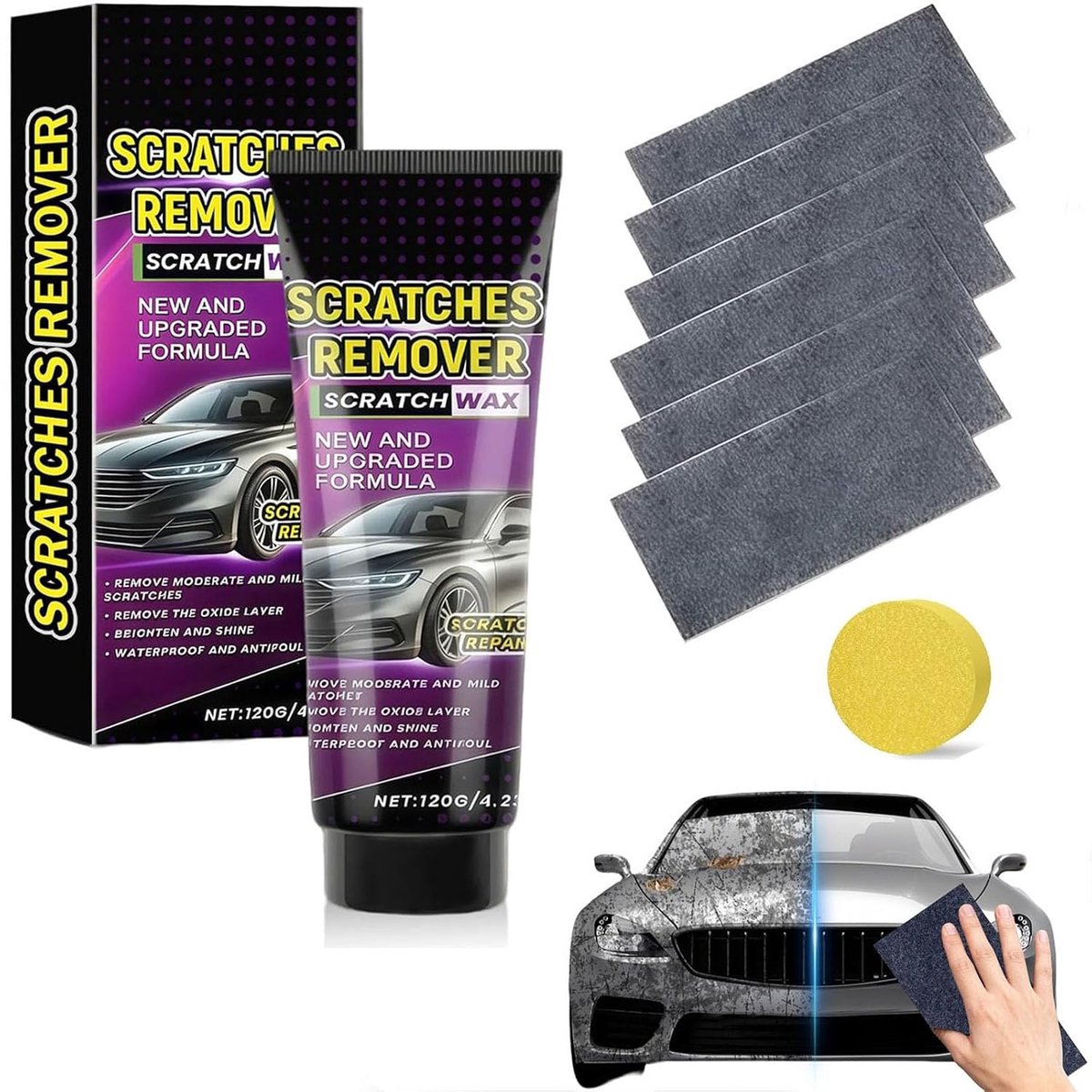 New Car Scratches Repair Kit with Nano Cloth, Car Scratches Remover and Polisher,120g Paste + 6 Cloths, Quick - ShopVlot