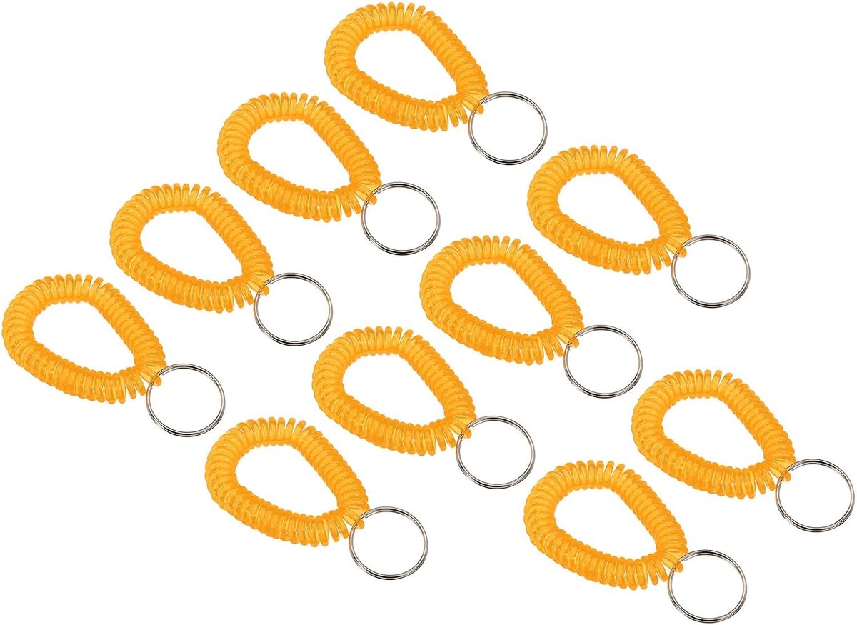 Sleutelhanger met spiraalbinding voor de pols, verpakking met 20 rekbare kunststof armbanden met sleutelring voor sport, fitnessstudio, zwembad, sauna, oranje, transparant
