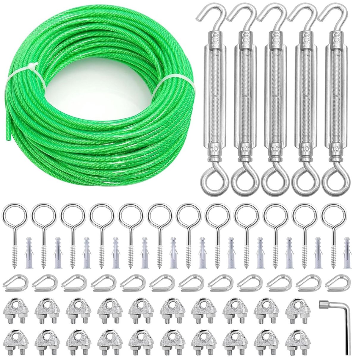 draadkabel 5mm & M6 spanslotten set, 30m staalkabel met ogen spandraad PVC-ommanteld kabelspangarnituur voor tuin metaal kabel | waslijn | klimgeleiders voor klimplanten | gordijnkoord