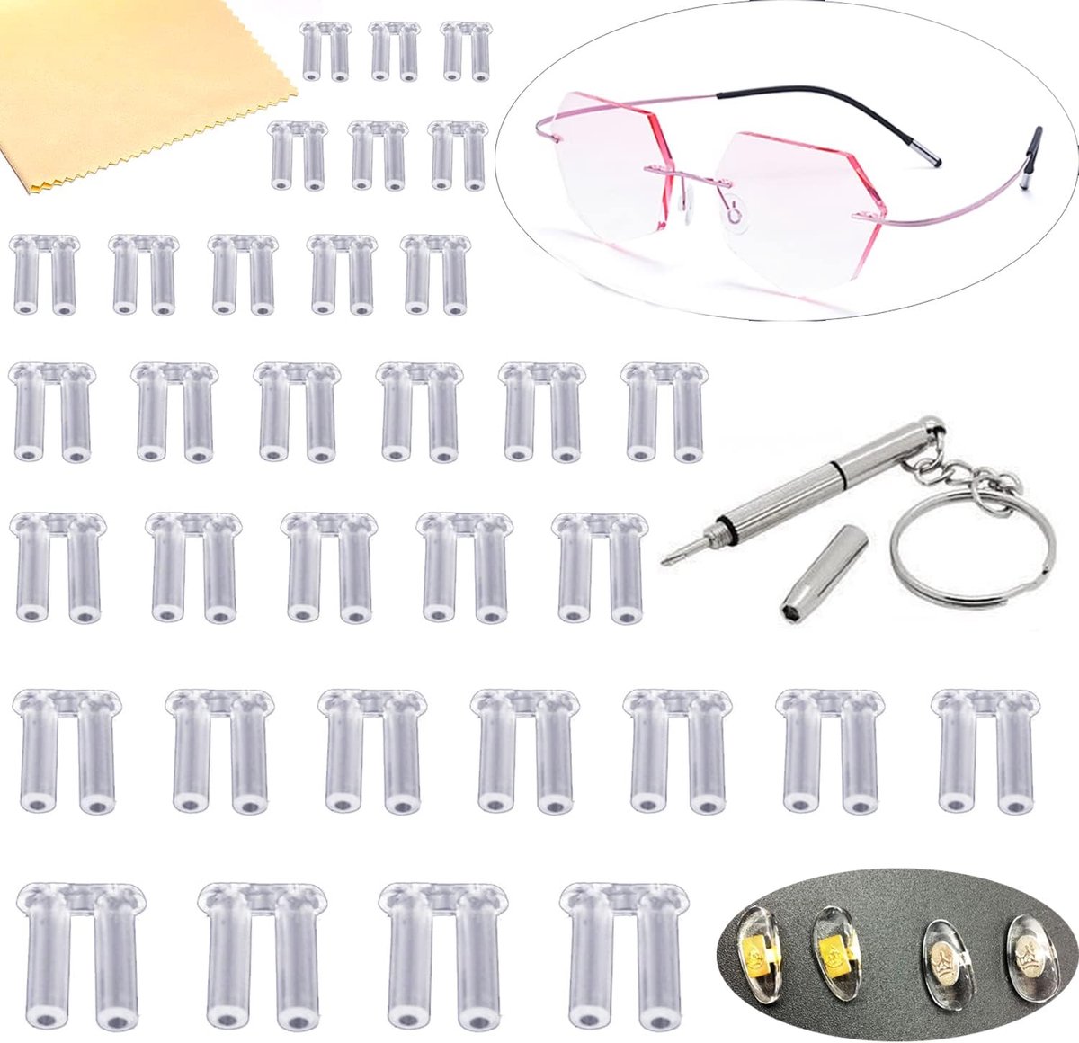 1,4/1,5/1,6/1,7/1,8/2,0 mm randloze brillenaccessoires, brillenreparatiegereedschap voor brillenreparatieonderdelen met schroevendraaier, neuspads, brillenpoetsdoekenset, 130 stuks