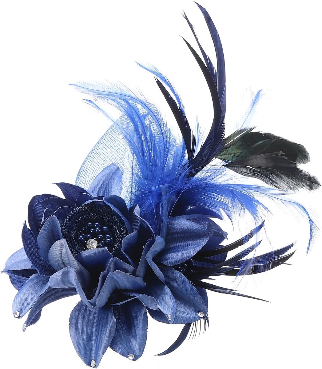 Bloemen haarclip, 1 stuk elegante bloem veer broche pin hoed zijde bruiloft feest dans banket pinnen accessoires camelia charme dame jurk pak, blauw met zwarte veren