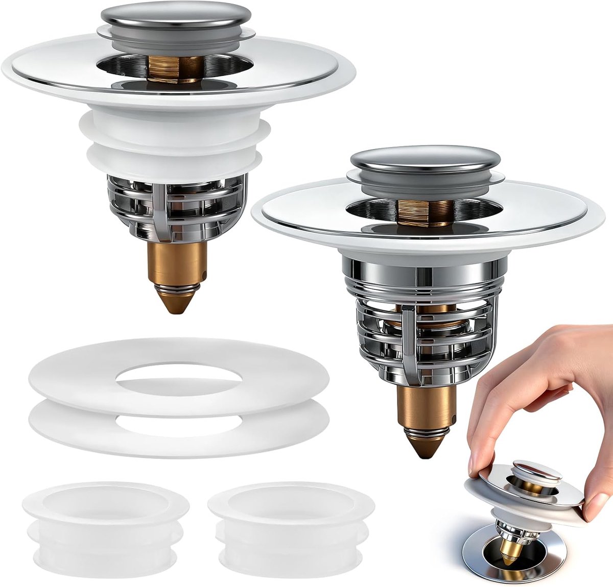 Pop-up 32–62 mm – universele afvoerplug voor gootsteen/wastafel, roestvrij staal + messing, met grote rubberen kraag en 2 siliconen afdichtingen