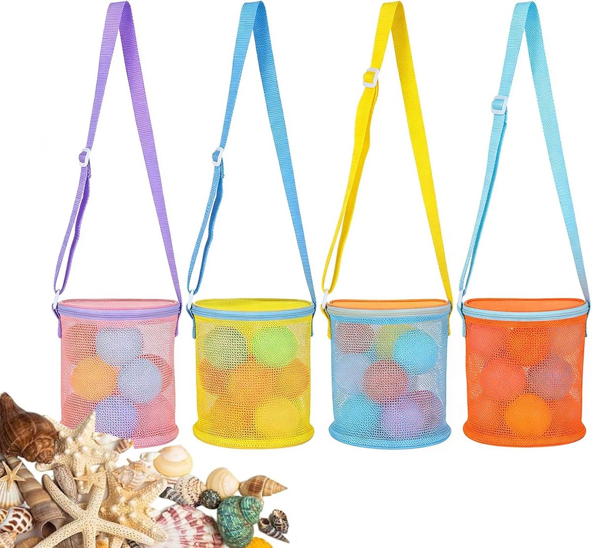 4 stuks mesh strandtas, strandschelpverzameltas voor kinderen, opvouwbare zandspeelgoedtas voor vakantie, strandvakantie en tuin, met ritssluiting en verstelbare schouderriem (4 kleuren)