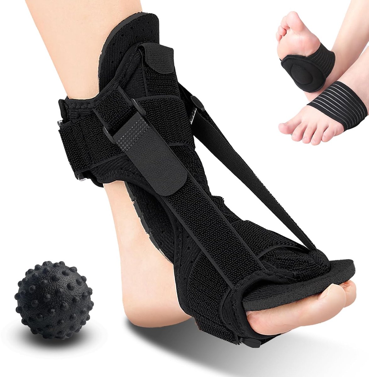 Fasciitis nachtspalk, hielspoor nachtsplint met massagebal en voetboogondersteuning, voetbandage 3 verstelbare riemen, ontlastingsspoor, hielspoor, bandage, voethefferorthese