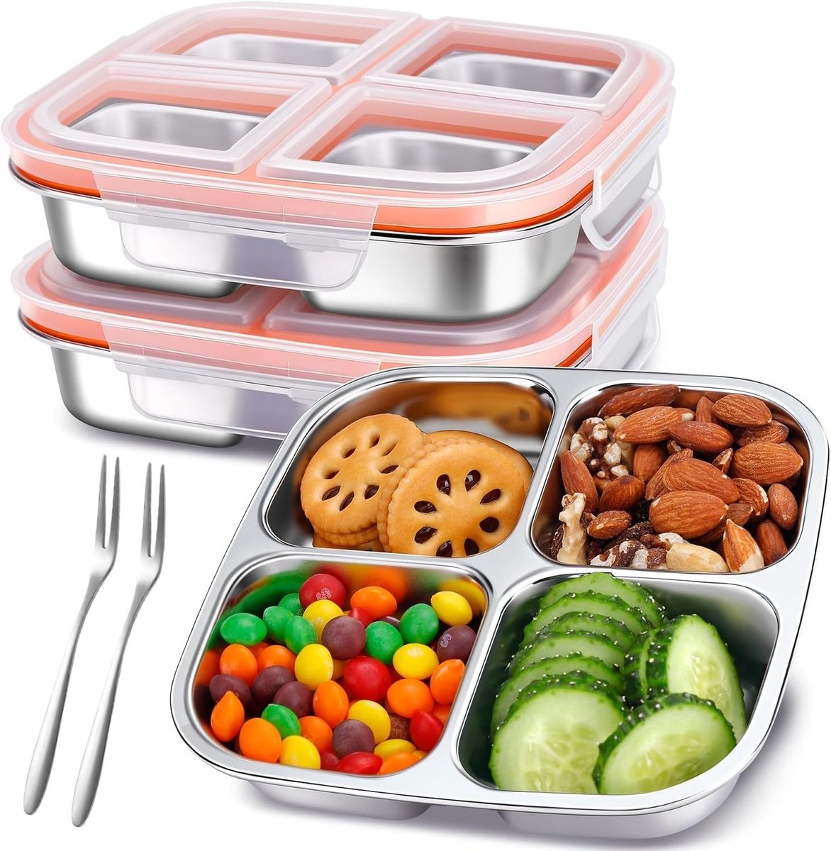 2 stuks snackbox met 4 vakken, roestvrij staal, 600 ml, lekvrije lunchbox voor kinderen en volwassenen, vaatwasmachinebestendige meal prep broodtrommel met deksel voor school, kantoor en