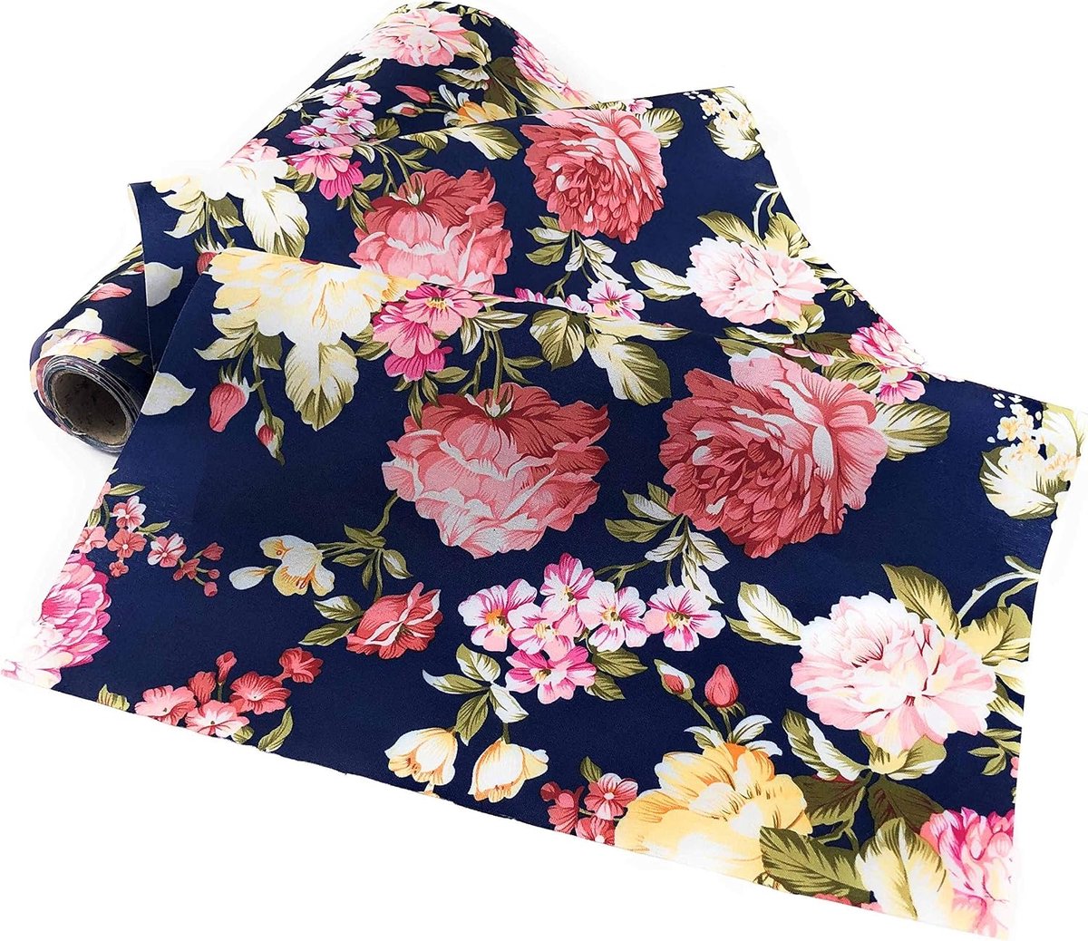 Collection Modieuze tafelloper 28 x 500 cm tafelvlag smalle tafelkleed met rechte uiteinden, donkerblauw met bonte bloemen