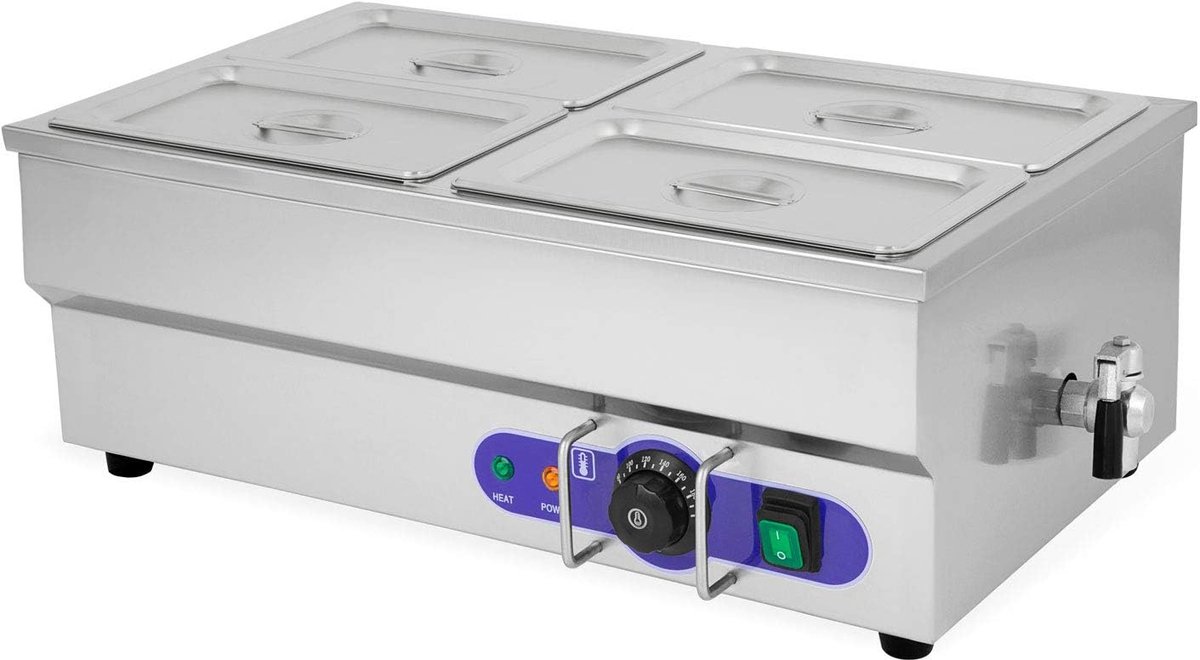 Vertes Speisenwärmer Buffetwärmer Wärmebehälter Für Speisen Elektrisch 1500W aus Edelstahl, Inkl 4X 1/4 GN Behälter mit Deckel für 4X 2,8L, Ablasshahn, Bain Marie Wasserbad, Temperatur 50-200°C