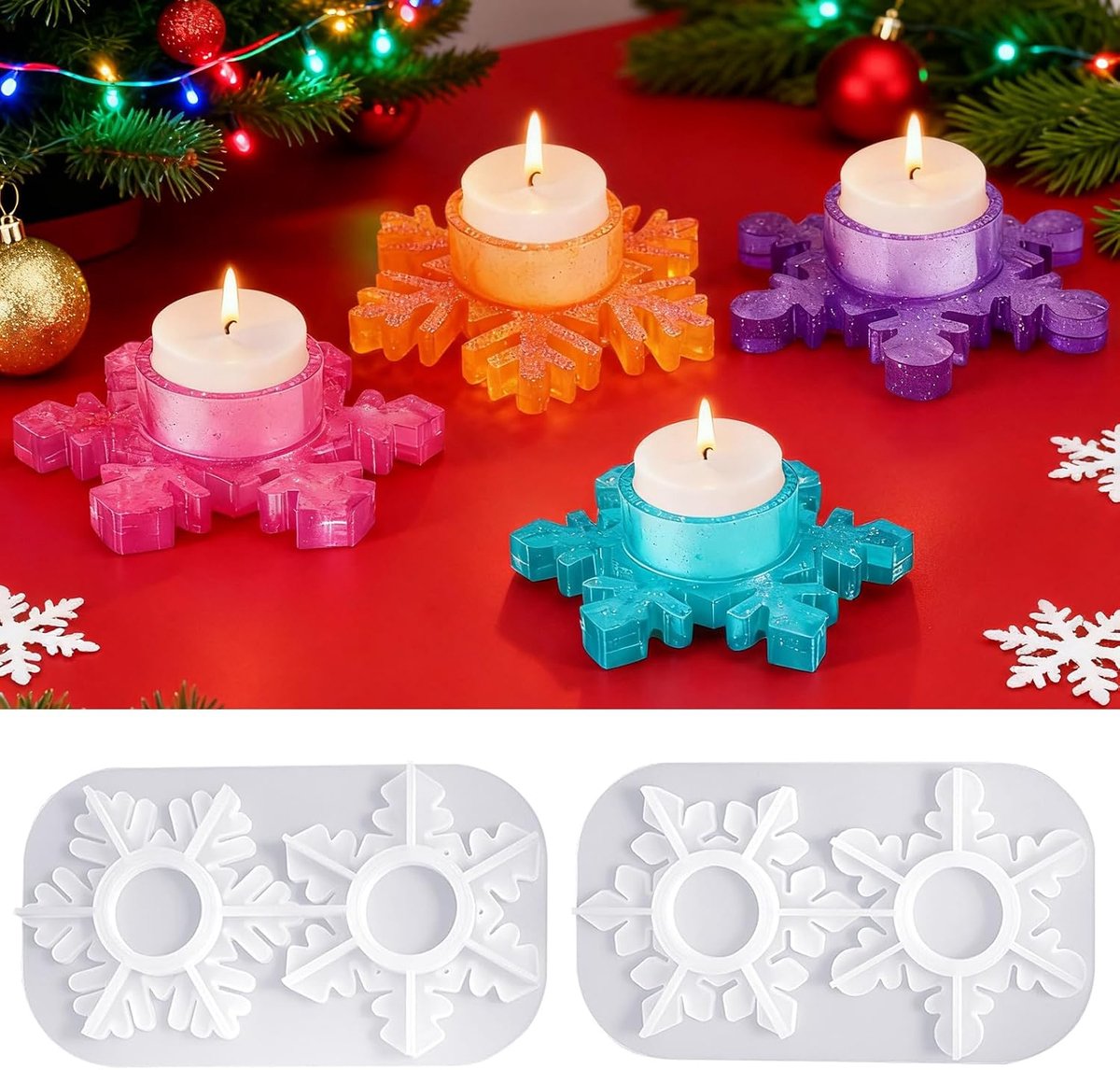 gietvormen voor Kerstmis, 2 stuks, sneeuwvlokken, siliconen gipsvormen om te gieten, Kerstmis 3D, sneeuwvlokken, kandelaar, siliconen vorm, epoxyhars, vormen voor handgemaakte kaarsen