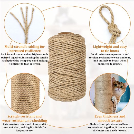 Sisal touw, 6 mm x 50 m, voor krabpaal | rol krabtouw voor het vervangen en repareren van kattenpalen | slijtvast voor krabpalen en kattentorens — afbeelding 3