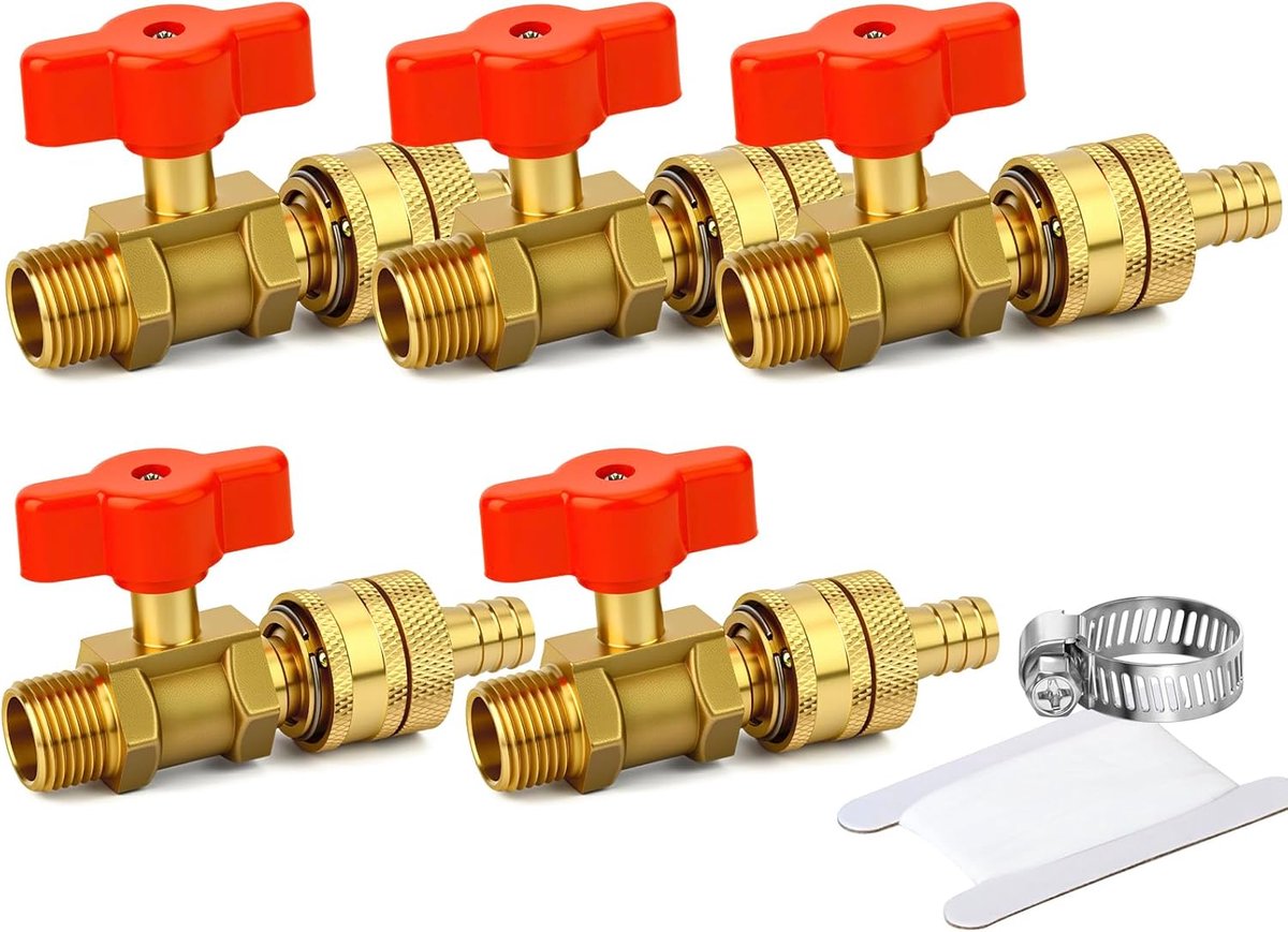5 Stuks Messen Kogelkraan met Snelle Aansluiting, 1/2 BSP Buitendraad naar 16mm Barb Slangaansluiting, Compressie Afsluitkraan voor Water Lucht Gas Olie