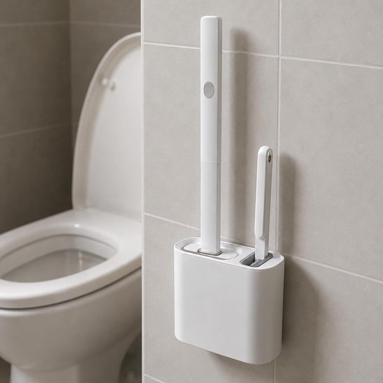 Siliconen toiletborstel met 2-in-1 standaard - Toiletborstel met geïntegreerde mini-borstel - Lijm, wand- of vloerbevestiging - Snel drogend - Gekozen kleur - 2 borstels — afbeelding 3