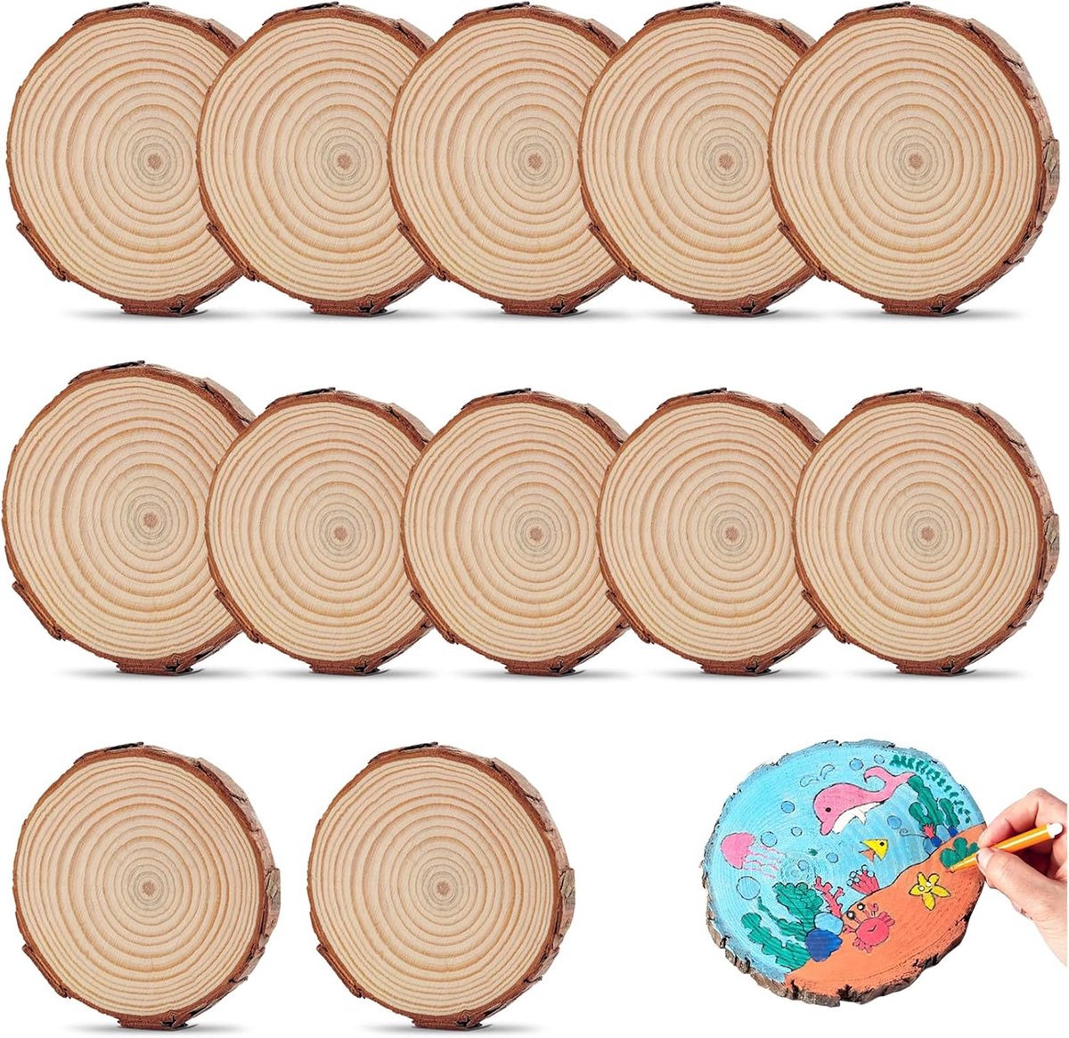 Schijven 12 stuks 11–13 cm rond decoratie schijven rustiek natuurlijk dennenhout voor knutselen bruiloft kerstfeest DIY projecten