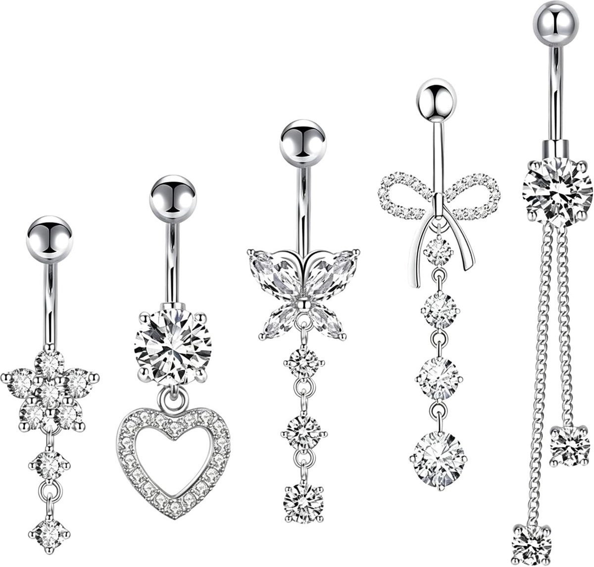 Set van 5 navelpiercings van roestvrij staal met hangende bedels (bloem, strik, hart, kwastje) – cadeau voor vrouwen en meisjes